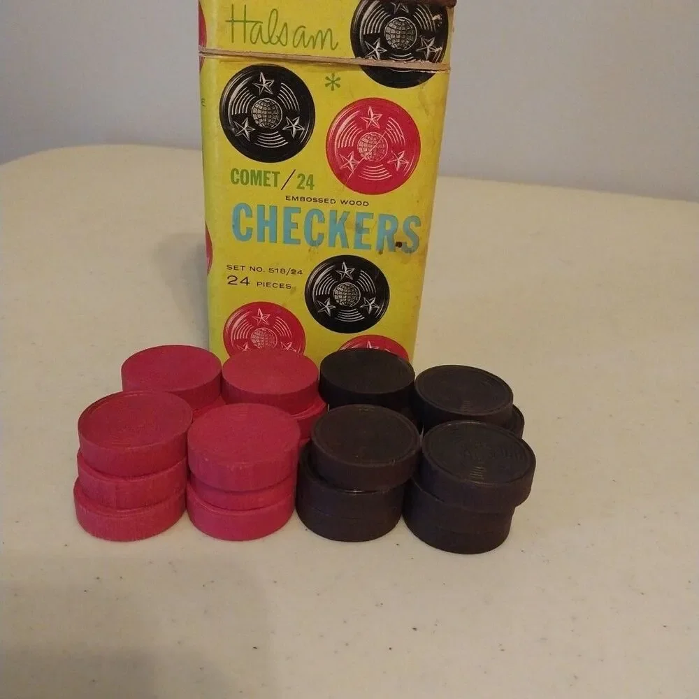 Vintage Halsam Comet 24 Embossed Wood Checkers Tin Box No. 518/24 Chicago USA